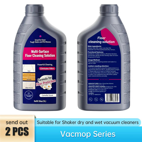 Two bottles of 33oz multi-surface floor cleaning solution with camellia scent, suitable for vacuum mops, shown front and back