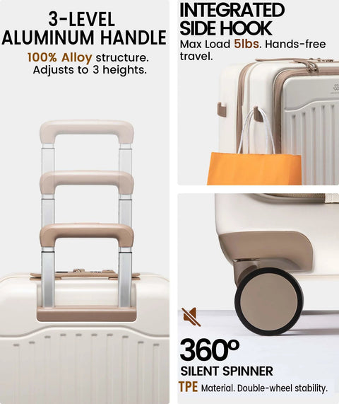 Expandable 22x14x9 Carry On Luggage with USB Charging Port shown with aluminum handle, integrated side hook, and spinner wheels.