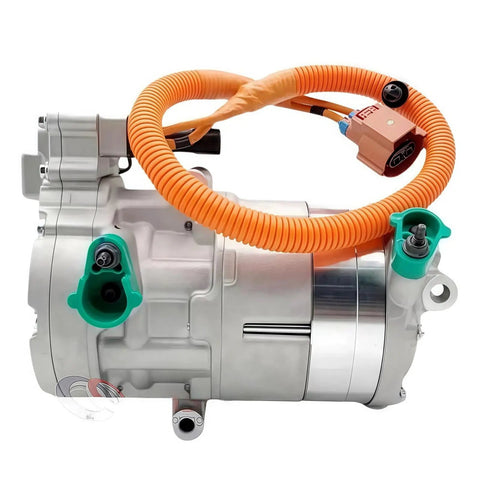 Top Shelf Heavy Duty Electric Hybrid AC Compressor For Tesla Model S 2012 Through 2018 Quick Drop In Swap with orange connector hose.