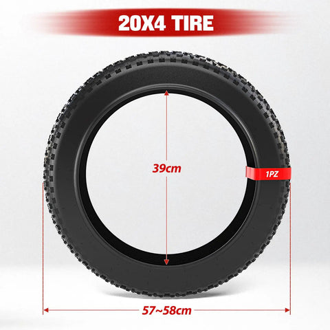 Fat Tire 20x4 Inch E Bike Mountain Tire For Electric MTB All Terrain Fat Bicycle Tire With Durable Rubber Superior Shock Absorption Heat Resistant Easy Rolling And Inflates Up To 20 PSI, 20x4 tire shown with 39cm diameter