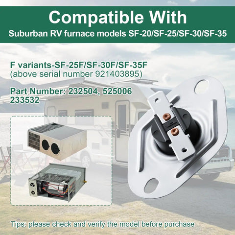 RV Furnace Limit Switch 160 Degree Replacement Part For SF 20 25 30 35 Furnaces and SF 25F 30F 35F Campers shown with models