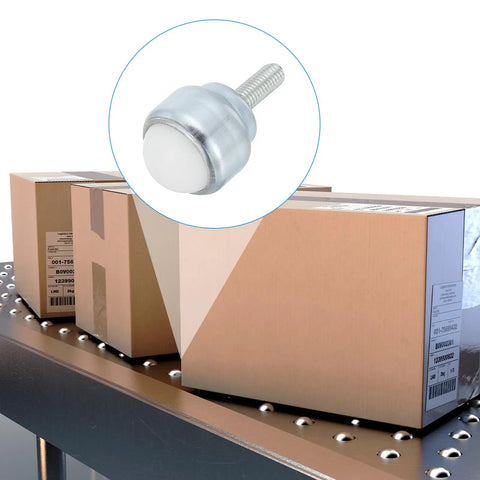 Pack Of Four 1 Inch Nylon Roller Ball Transfer Bearings With Durable Carbon Steel Caster Wheels For Smooth Conveyor Transport And Lightweight Furniture Mobility Easy Installation on a conveyor with boxes.