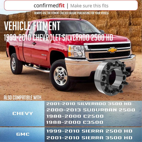 Bullet Proof Hub Centric Wheel Spacers 2 Inch Thick Forged 6061 Aluminum 8X6.5 Bolt Pattern with Chevy Silverado 2500 HD.