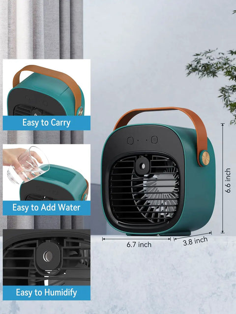 Rechargeable Mini Air Conditioner With 5200mAh Battery, Ultra Quiet Desk Cooler, green, with handle and humidifying feature.
