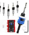 Heavy Duty Adjustable Depth Stop Carbide Countersink Bit Set With HSS M2 Tapered Drill Bits and Quick Release Quarter Inch Hex Shank, showing 6 drill bits in case.