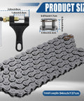 Heavy Duty 415H Motorized Chain, 110L Universal Fit displayed with breaker tool, dimensions labeled for racing use