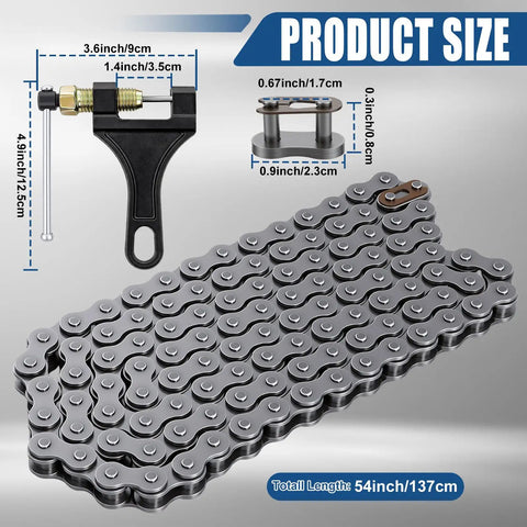 Heavy Duty 415H Motorized Chain, 110L Universal Fit displayed with breaker tool, dimensions labeled for racing use