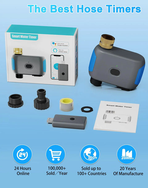 WiFi Sprinkler Timer With Bluetooth Hose Timer, Programmable Outdoor Irrigation System, product components displayed