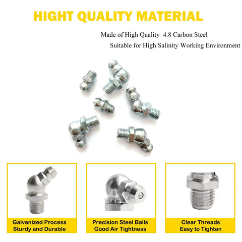 Pro Grade Quarter Inch 28 Thread Grease Fitting Assortment Kit With Straight 45 Degree And 90 Degree Zerk Fittings, Galvanized Steel Lubrication Fittings And Gun Tips For Industrial, Agricultural Machinery, Cars And Ships.