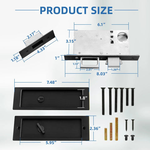 Modern Pocket Door Hardware Set With Privacy Lock, black finish, dimensions and components shown, durable zinc alloy.