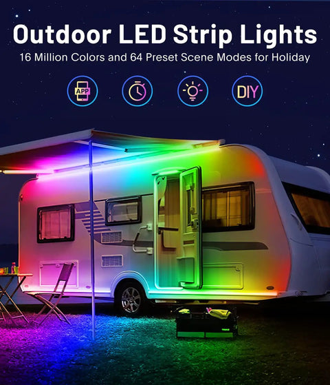 Outdoor RV lit with Rainbow RGB IC LED Strip Lights 49.21ft Outdoor Smart Rope Lights With 64 Scene Modes IP65 Waterproof