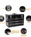 Heavy Duty Three Drawer Metal Toolbox With Ball Bearing Drawer Slides Portable Tool Chest Organizer Lockable For Garage Workshop And Repair Tools Plus Tough As Nails Steel Construction For Long Lasting Use front view showing details