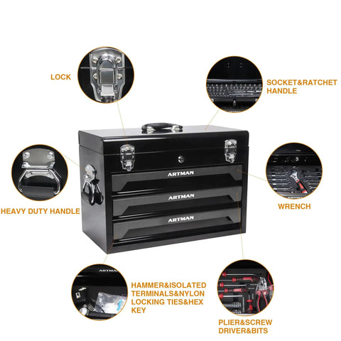 Heavy Duty Three Drawer Metal Toolbox With Ball Bearing Drawer Slides Portable Tool Chest Organizer Lockable For Garage Workshop And Repair Tools Plus Tough As Nails Steel Construction For Long Lasting Use front view showing details