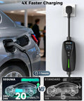 Road Ready Heavy Duty Level One And Two Electric Vehicle Wall Charger With Nema 14 30 Plug And J1772 Connector shown charging EV.