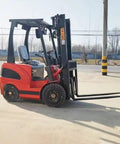 Portable Electric Forklift 4Way Mini Lift Truck With Adjustable Reinforced Forks Solid Tires Ergonomic Seat side view on concrete.