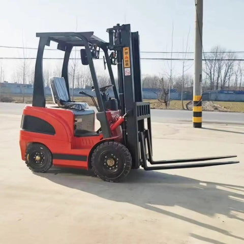 Portable Electric Forklift 4Way Mini Lift Truck With Adjustable Reinforced Forks Solid Tires Ergonomic Seat side view on concrete.