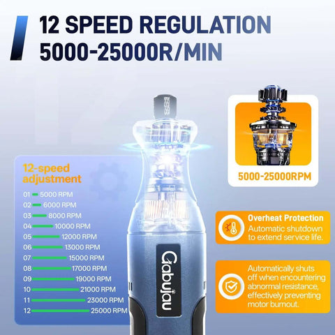 Cordless Rotary Tool Kit Mini 7.4V USB Rechargeable 12 Speed Power Drill with speed settings and motor details