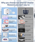 Comparison of Ultrasonic Retainer Cleaner features with 45kHz vibration, UV light, 5 modes, and removable tank against alternative models.