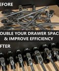 Before and after image showing messy and organized tool drawer using Magnetic Ratchet Organizer Set for 1/4, 3/8, and 1/2 inch ratchets.