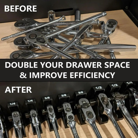 Before and after image showing messy and organized tool drawer using Magnetic Ratchet Organizer Set for 1/4, 3/8, and 1/2 inch ratchets.