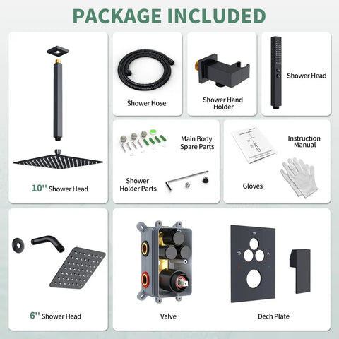 Legit Solid Three Way Matte Black Shower System With Ten Inch Ceiling Rain Head Six Inch Wall Sprayer And Extra Long Handheld Hose For Quick Rinsing And Serious Bathroom Glow Ups