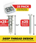 Zinc Self Drilling Drywall Anchors Kit With Screws, Heavy Duty Hollow Wall Anchors With Wide Screw Fins And Stainless Steel Screws, Easy Installation No Pre Drill Required, Ideal For Mounting Shelves And Frames In Drywall, 25 Pack shown with dimensions