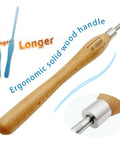 Premium 5/8 Inch Bowl Gouge For Wood Lathe Crafted From Durable M2 Cryogenic High Speed Steel With Long Beech Handle showing ergonomic wood handle.