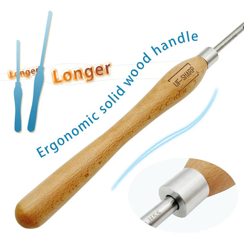 Premium 5/8 Inch Bowl Gouge For Wood Lathe Crafted From Durable M2 Cryogenic High Speed Steel With Long Beech Handle showing ergonomic wood handle.