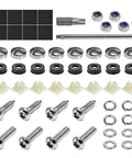 Heavy Duty Anti Theft License Plate Screw Kit components, stainless steel fasteners, washers, and tools for vehicle security.