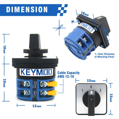 Dimensions of 40A Rotary Changeover Switch for Industrial Power Control, 3 Position ON OFF ON, 2 Poles, 8 Terminals, IP65 CE Certified