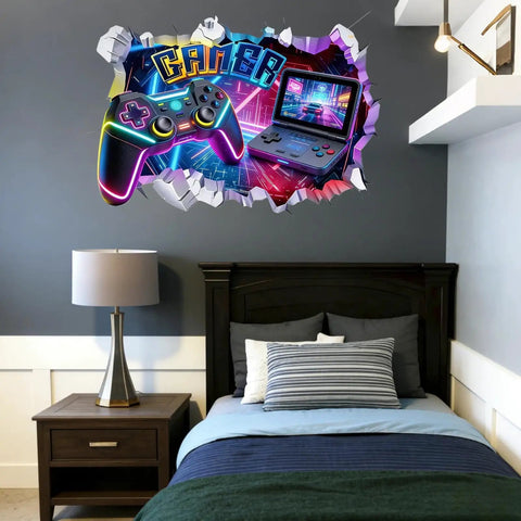 Large 3D Gamer Wall Decal Set With Controller Design Peel And Stick for boys room over bed setup, vibrant gaming setup look