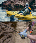 Person using Extreme Cut Resistant Gloves Level 5 ANSI EN 388 Protection while kayaking and fishing, gloves gray, Size XS.