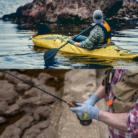 Person using Extreme Cut Resistant Gloves Level 5 ANSI EN 388 Protection while kayaking and fishing, gloves gray, Size XS.