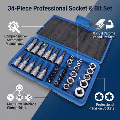 Grip Tight 34 Piece Socket Wrench Tool Set Featuring Knockout 3 In 1 Drive System showing chrome vanadium sockets in a blue case.
