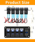 4 Gang IP68 Waterproof Rocker Switch Panel For Boats And RVs With DC 12-24V LED Digital Voltmeter And Dual USB QC 3.0 Type C Fast Charging Prewired Toggle Panel For Cars Marine Trucks Blue size diagram with wiring and faceplate