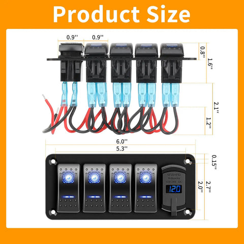 4 Gang IP68 Waterproof Rocker Switch Panel For Boats And RVs With DC 12-24V LED Digital Voltmeter And Dual USB QC 3.0 Type C Fast Charging Prewired Toggle Panel For Cars Marine Trucks Blue size diagram with wiring and faceplate