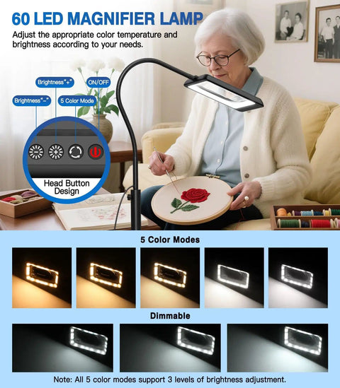 Elderly woman using Massive 7 Inch Floor Magnifier Lamp With Light And Stand Flexible Gooseneck 10X To 30X Magnification 5 Color Modes