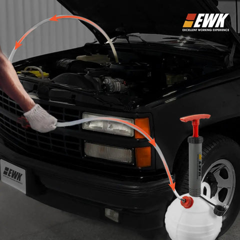 6L Oil Extractor Pump And Flexible Moldable Oil Funnel Kit used on car engine for spill free fluid change.
