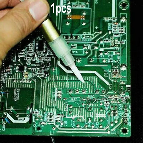 Hand using Paste Soldering Pen With Soft Brush Tip For BON-102 Plastic Welding Tool on PCB board.