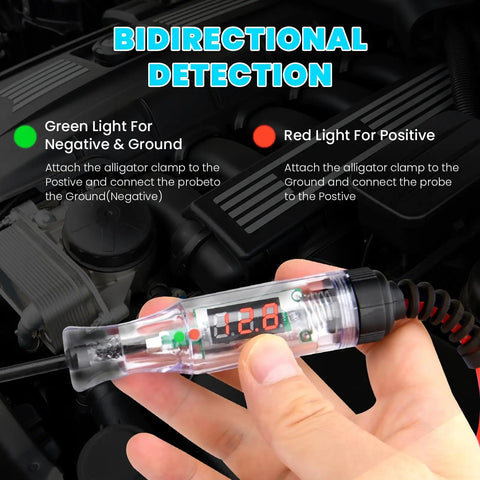 Beast Digital LED Test Light For Automotive 5 To 90 Volts, Bidirectional Circuit Tester With Real Time Voltage Display, Extended Spring Wire And Probes For Car, Truck, RV And Other Vehicles. Clear LCD voltage display in hand, testing engine bay circuits