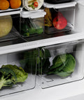 Compact Counter Depth Refrigerator With Top Freezer 11.6 Cubic Feet, Slick Silver Vibe, Roomy Cold Storage, no sweat install, featuring adjustable shelves and clear crisper bins.