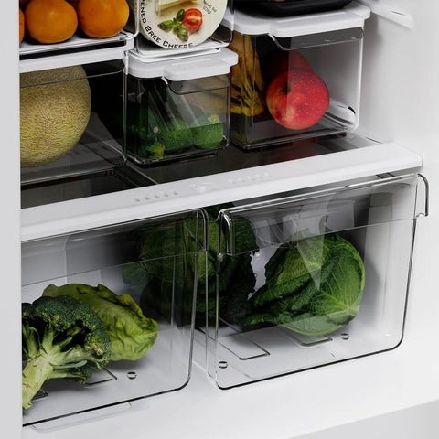 Compact Counter Depth Refrigerator With Top Freezer 11.6 Cubic Feet, Slick Silver Vibe, Roomy Cold Storage, no sweat install, featuring adjustable shelves and clear crisper bins.
