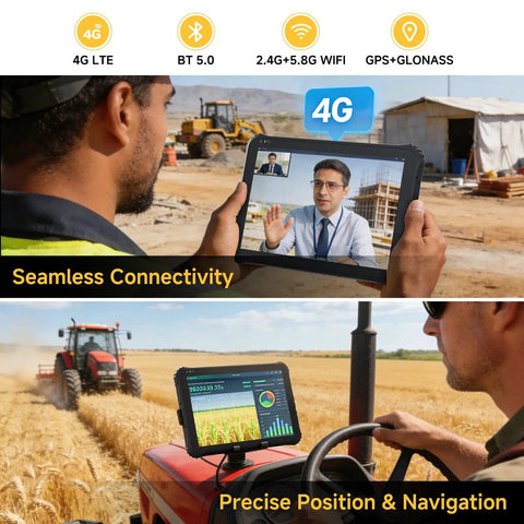 Heavy Duty Rugged Tablet With No Sweat Barcode Scanner And 12.2 Inch Windows 11 Pro Screen, Eight Plus One Twenty Eight Gig Storage, Rock Solid Industrial Computer For Warehouse Crews And Retail Pros used for communication and navigation on a tractor.