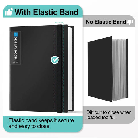 72 Pocket Binder With Clear Sheet Protectors And Elastic Band, Big Capacity 8.5x11 Presentation Book For Office And School, shown in black with and without elastic band