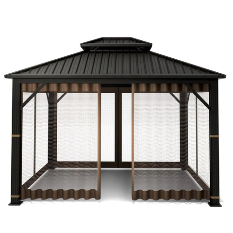 Durable 10x12 Outdoor Gazebo Mosquito Netting With 4 Panel Sidewalls, Double Zippers On All Sides, 100 Percent Polyester Brown Replacement Screen For Easy In And Out front view