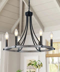 Farmhouse Wagon Wheel Chandelier 20 Inch Black Brown Iron With 6 Lights Round Rustic Kitchen Island Pendant Light For Dining Room Barn Chic Farmhouse Style Ceiling Fixture