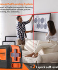 Self Leveling Laser Level 50ft with 360 Degree Magnetic Mounting Plate for Precise Tiling and Alignment Quick Auto Leveling Plus Manual Mode Clear Cross Line Projection Includes Zippered Pouch and Battery in use with a person aligning a picture on a wall.