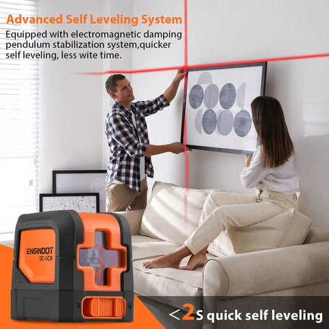 Self Leveling Laser Level 50ft with 360 Degree Magnetic Mounting Plate for Precise Tiling and Alignment Quick Auto Leveling Plus Manual Mode Clear Cross Line Projection Includes Zippered Pouch and Battery in use with a person aligning a picture on a wall.