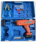 Cordless Lithium Rebar Tying Tool With 12V Battery in blue case, showing ergonomic design and charger for builders.