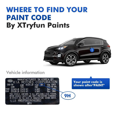 Guide on locating Kia car paint code on label with image of Kia SUV and highlighted paint code section for quick reference